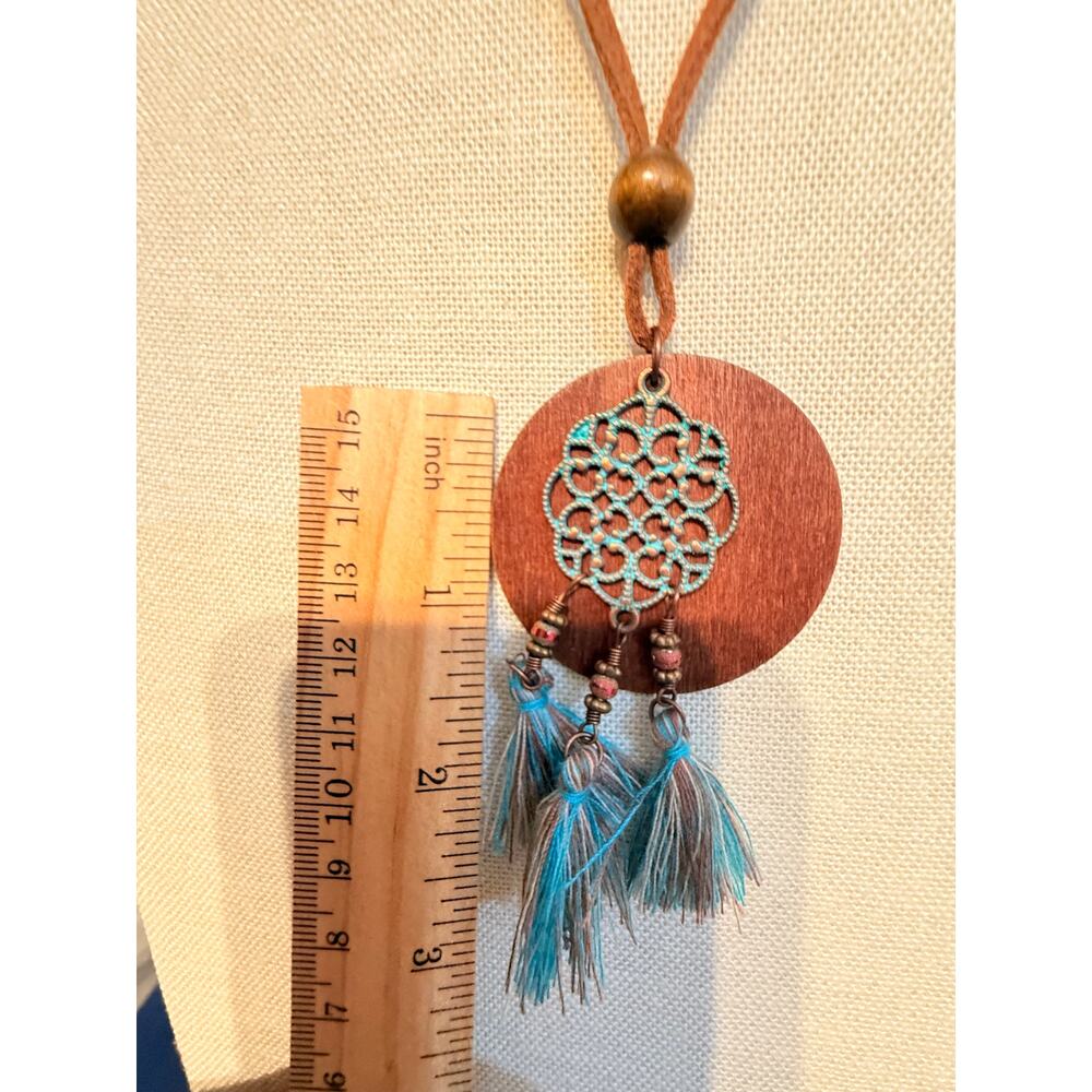 Vintage Boho Wood Tassel Pendant Necklace 30” - Picture 2 of 5